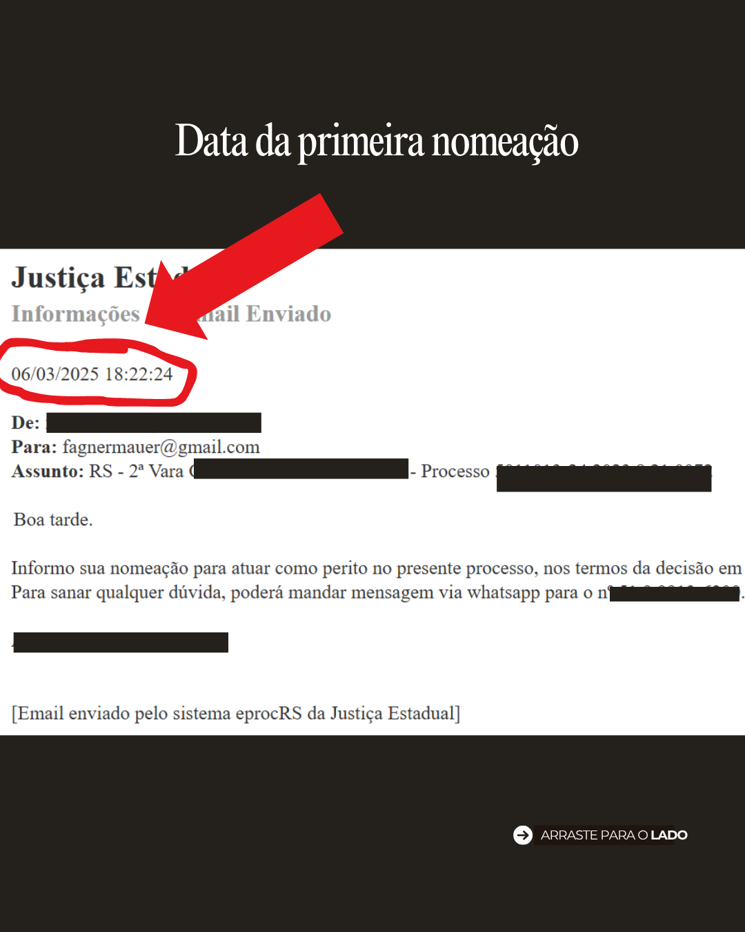 E-mail do sistema eprocRS informando a data da primeira nomeação como perito